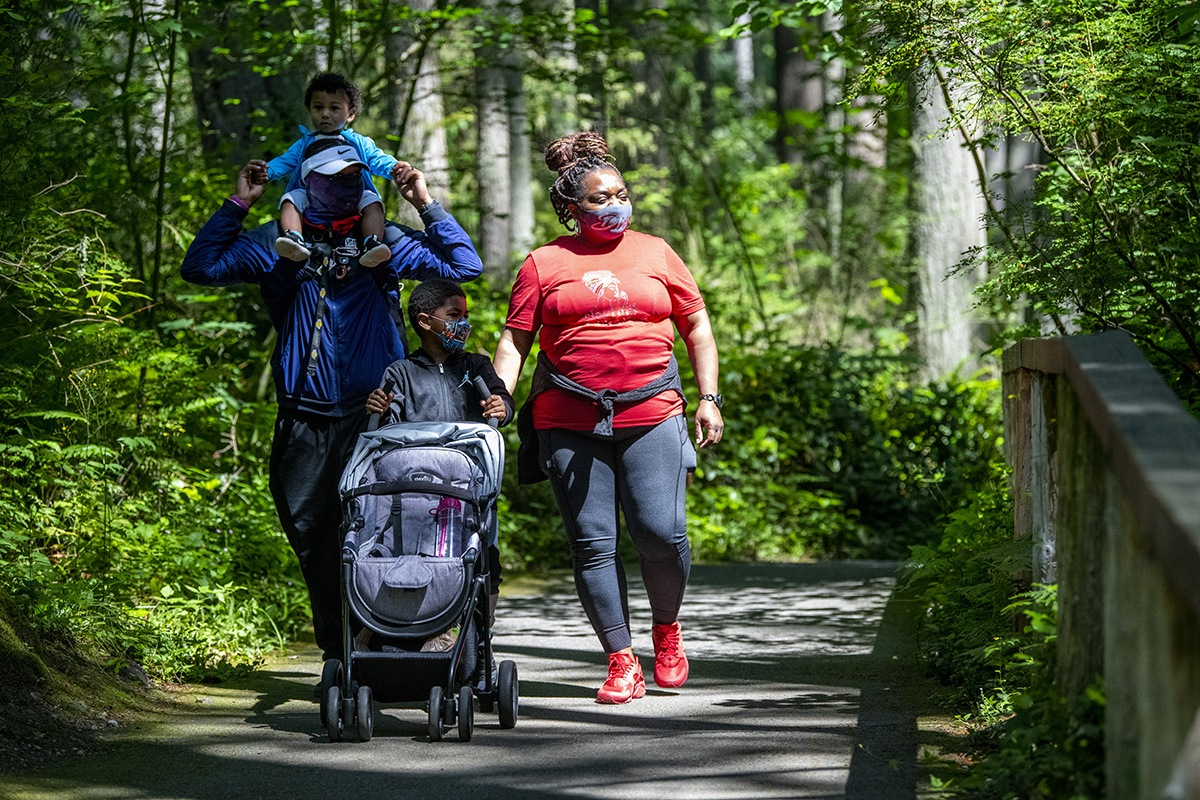 family stroller masks walking