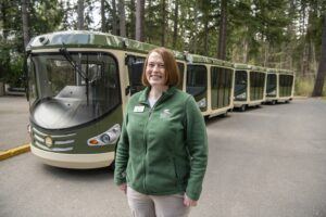 Lead Naturalist Gabby Huffman with new electric trams.
