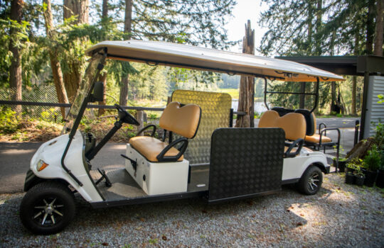 A courtesy cart sits waiting to transport guests